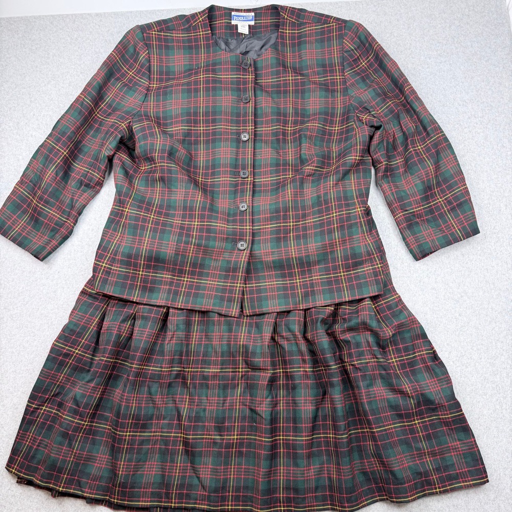 Pendleton Plus Vintage Wool Plaid Skirt Suit Set Green Red Tartan 20W USA Made